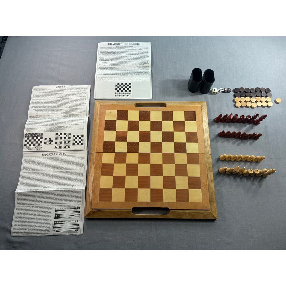Wooden Chess Checkers Backgammon Set Folding Board Complete Travel Game Set